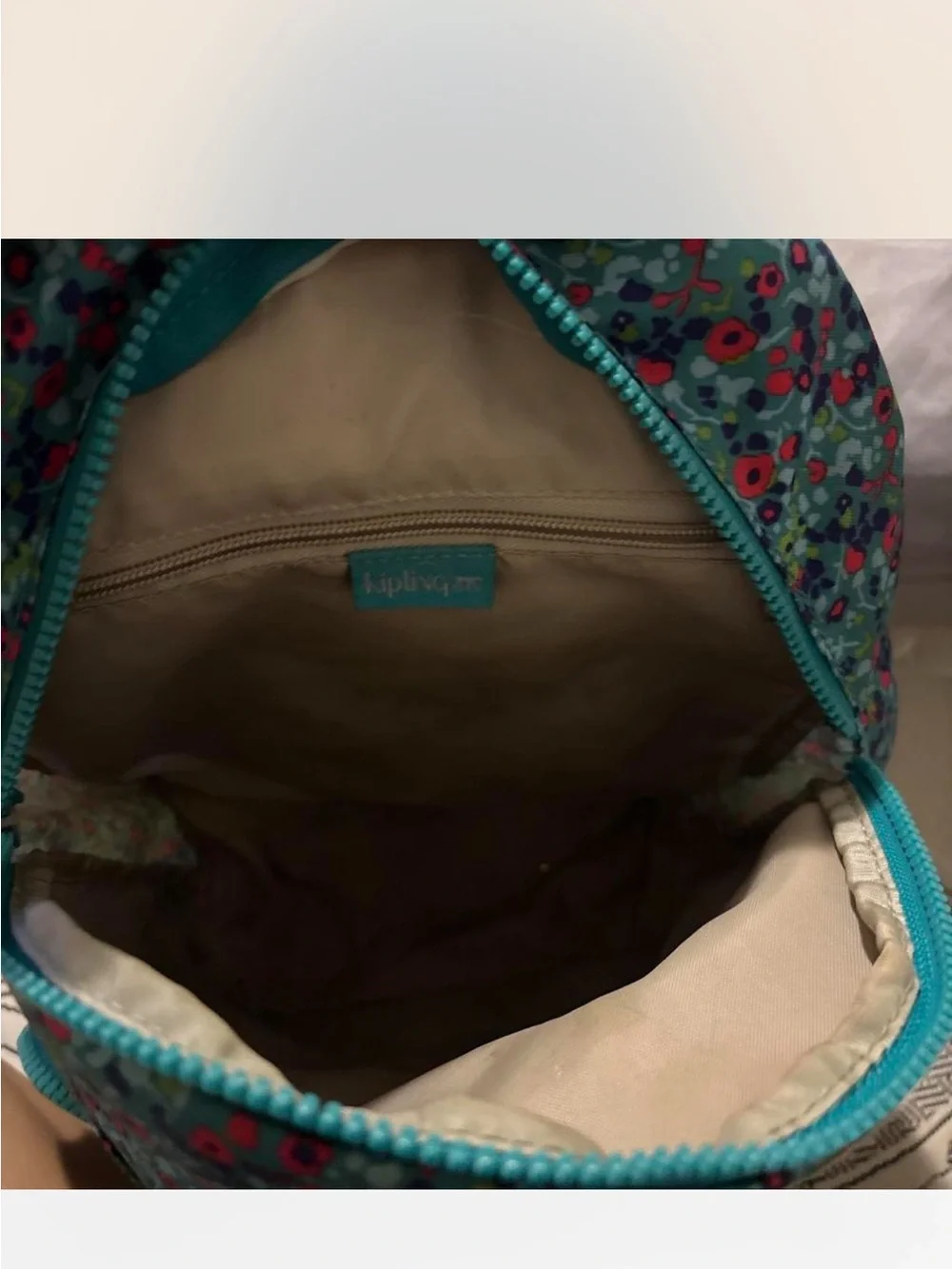 Kipling Teal Floral medium Backpack with Pink & Red Accents